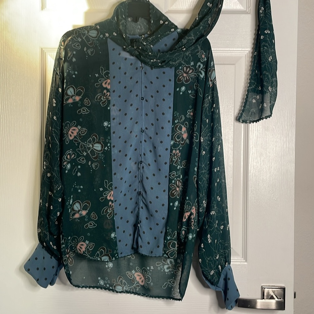 See by Chloe sheer long sleeve floral button down blouse with neck tie - Picture 2 of 8